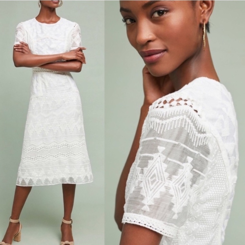 Anthropologie Swann White Embroidered Lace Midi Dress by Eri + Ali Sz 4 Feminine